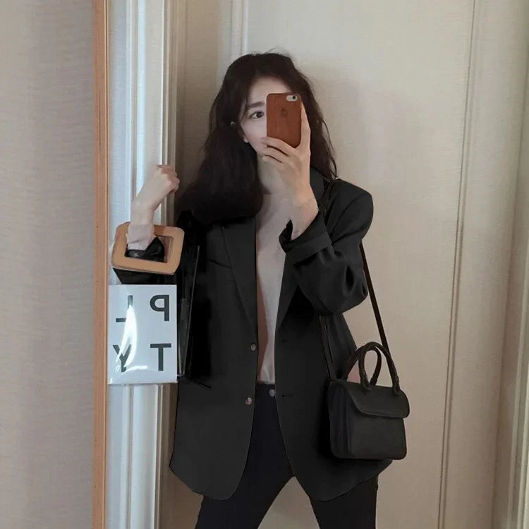 Chic Black Women's Short Suit Jacket Korean Style Casual High-End Feeling Spring Autumn New Fashion Polyester Fiber Coat