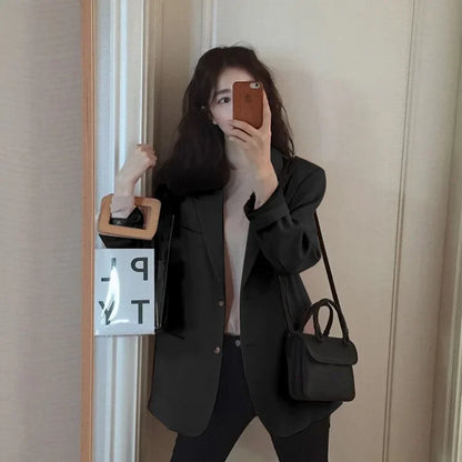 Chic Black Women's Short Suit Jacket Korean Style Casual High-End Feeling Spring Autumn New Fashion Polyester Fiber Coat