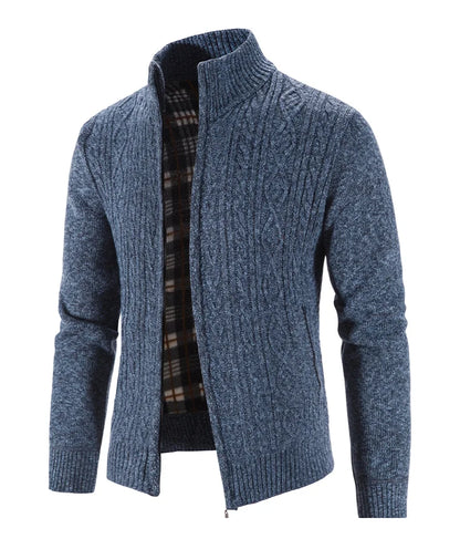 Winter Autumn New Sweater Knit Cable Cardigan Men Business Casual Jacket Zipper Up Solid Color Turn-down Coat Fleece Clothes