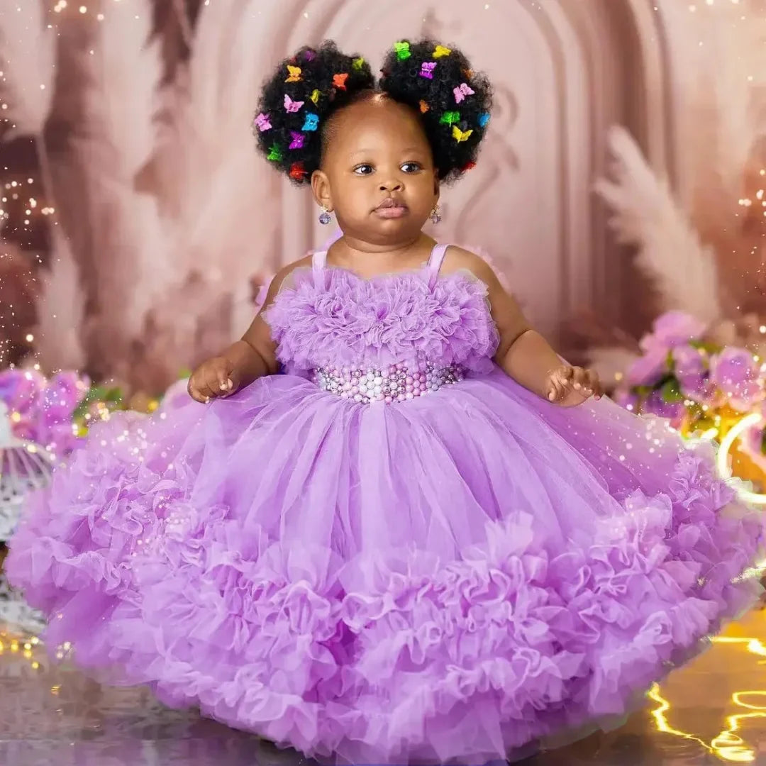 Customized Flower Girl Dress Purple Tulle Tiered Pearls Sleeveless For Wedding Birthday Party Banquet Prom Holy Communion Gown