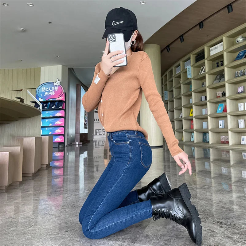 Women Stretch Jeans Lady Slim Skinny Pencil Jeans High Waist Vintage Pants Girls Leggings Straight Leg Korea Fashion Trousers