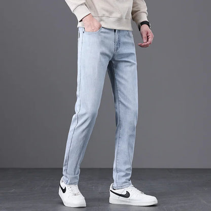 Classic Men Vintage Cloth High Waist Trousers 2024 Autumn Loose Straight Stretch Wash Jeans High Quality Sky Blue Brand Pants