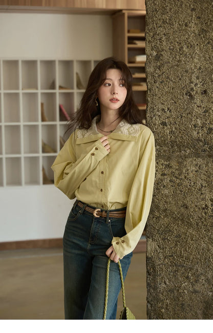 Autumn Solid Cotton Shirt Autumn V-neck Double-layer Lace Retro Design Shirts Single Breasted Tops Office Lady MXE41C2366