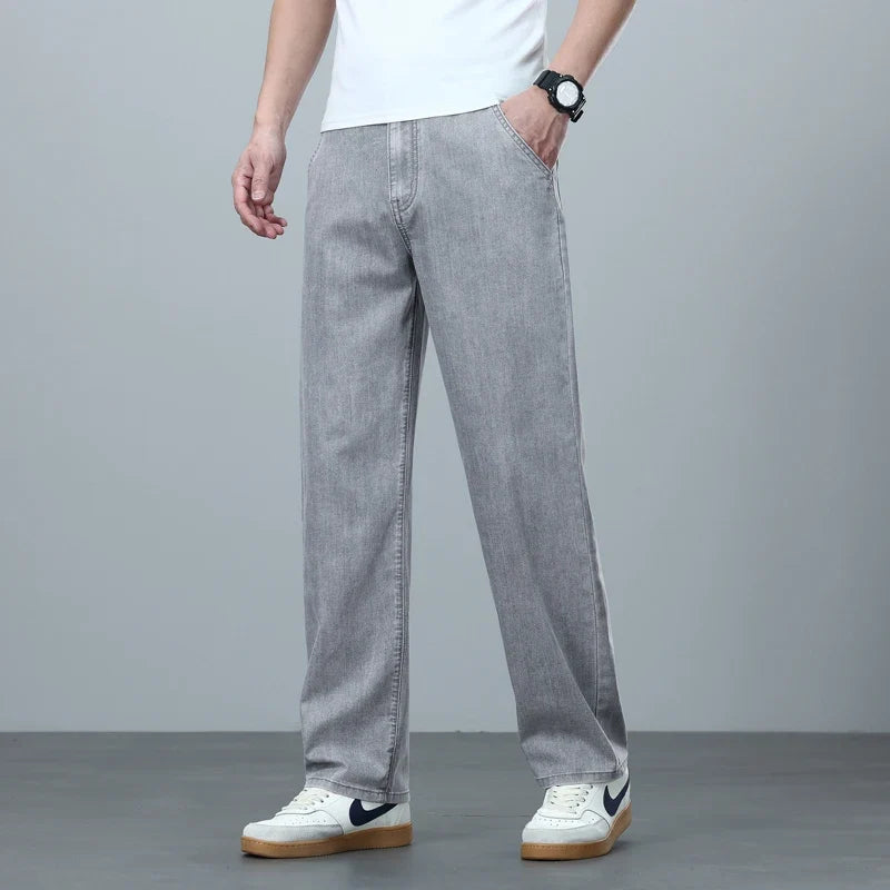 High Quality Spring Summer Lyocell Men's Jeans Loose Straight Wide Leg Casual With Slant Pockets Trousers Male  Plus Size 40