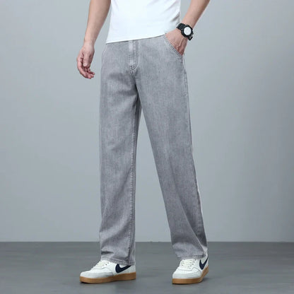 High Quality Spring Summer Lyocell Men's Jeans Loose Straight Wide Leg Casual With Slant Pockets Trousers Male  Plus Size 40