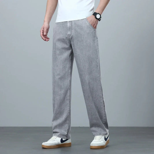High Quality Spring Summer Lyocell Men's Jeans Loose Straight Wide Leg Casual With Slant Pockets Trousers Male  Plus Size 40