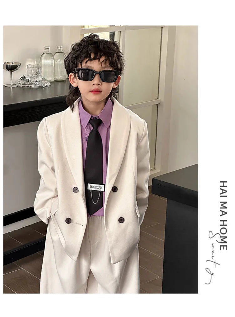 Boys Woollen Loose Blazer Jacket Pants Suits Kids Formal Dress Performance Casual Clothes Sets Child Toddler Party Leisure Suit