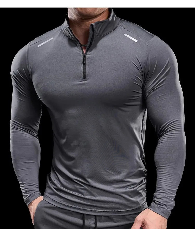 Men Long Sleeve Stand Collar Zipper T-shirt Gym Running Training Fitness Bodybuilding Sport Top Quality Elastic Tight Tops Tees