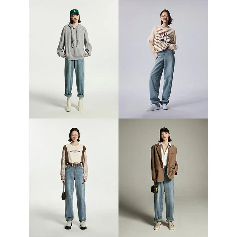 Women Jeans 2023 Autumn High Waist Straight Loose Trousers Fashion Casual Versatile Simple Basic Light Blue Pants