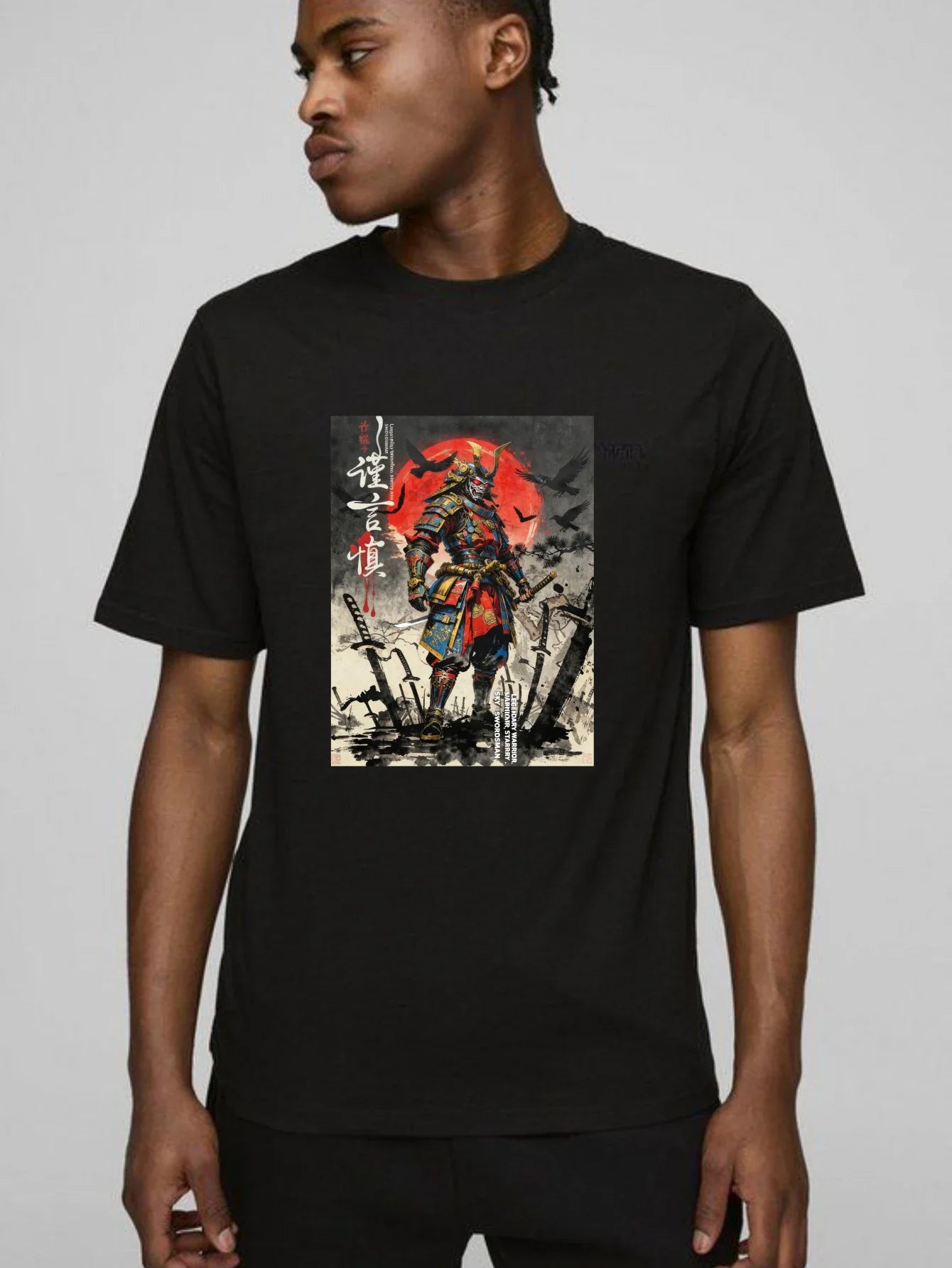 100% pure cotton short sleeved T-shirt Samurai Warrior Standing With Sword Red Moon Background Japanese Calligraphy Artwork Traditional Style Design Easy to wear and match, comfortable and fashionable, suitable for all season
