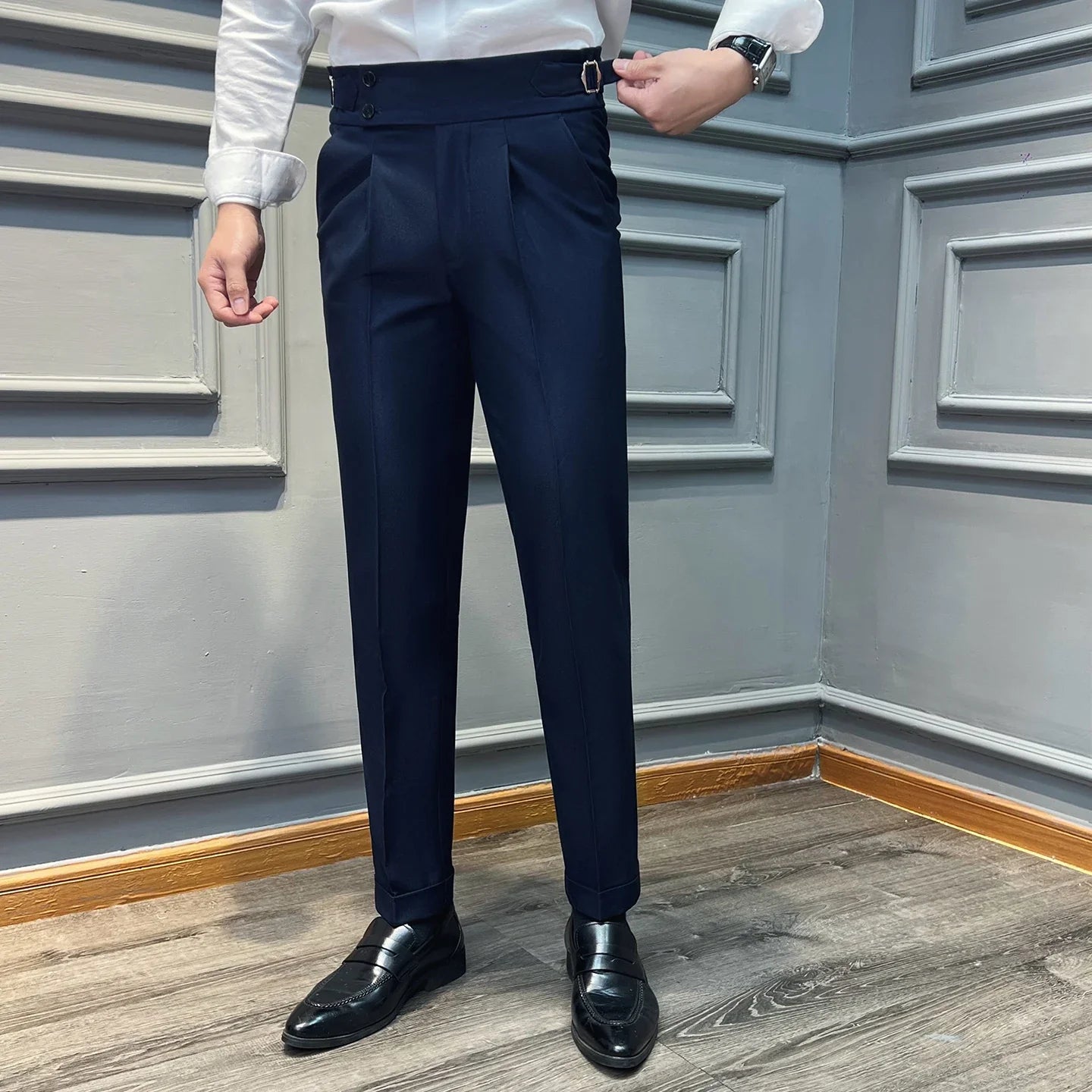 Italian Style Naples High Waisted Straight Pants Men High Quality Solid Color Business Casual Formal Office Social Suit Pants