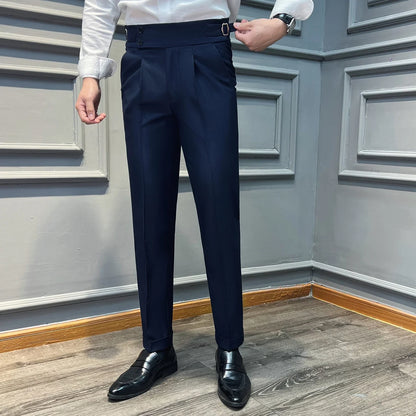 Italian Style Naples High Waisted Straight Pants Men High Quality Solid Color Business Casual Formal Office Social Suit Pants