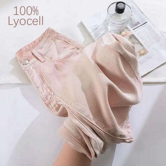 Woman Jeans 100% Lyocell Breathable Denim Wide Leg Towel Sweep drape loose 2025 Summer ice silk Baggy Famale Denim Pants 5 Color