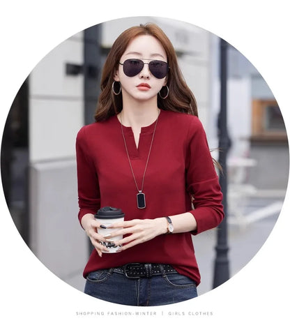 Spring and Autumn All Seasons Women's Long sleeved T-shirt Wine Red Pure Cotton New Fashion Large V-neck Slim fit Casual Top 3XL