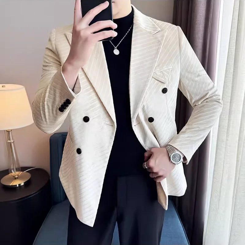 Autumn Winter New Velvet Suit Jacket Men Double-Breasted Striped Slim Fit Casual Coats High Quality Formal Business Tailcoat