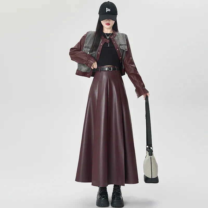 Vintage PU leather women midi skirts Y2K Autumn high waist Streetwear with belt pleated Skirt female elegant Solid A line skirts