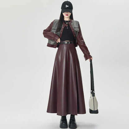 Vintage PU leather women midi skirts Y2K Autumn high waist Streetwear with belt pleated Skirt female elegant Solid A line skirts