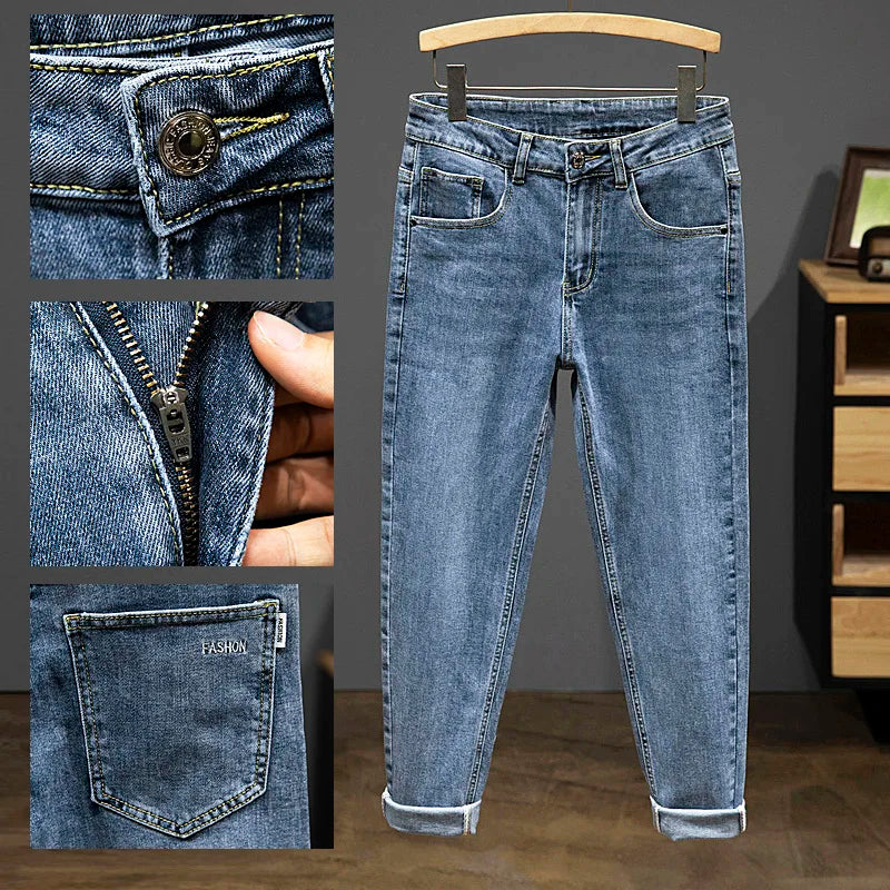 Nine-Point Pants Men's 2025 New Spring Autumn Fashion Casual Denim Trousers Cotton Slim Jeans  Blue Male Clothing Brand Clothing