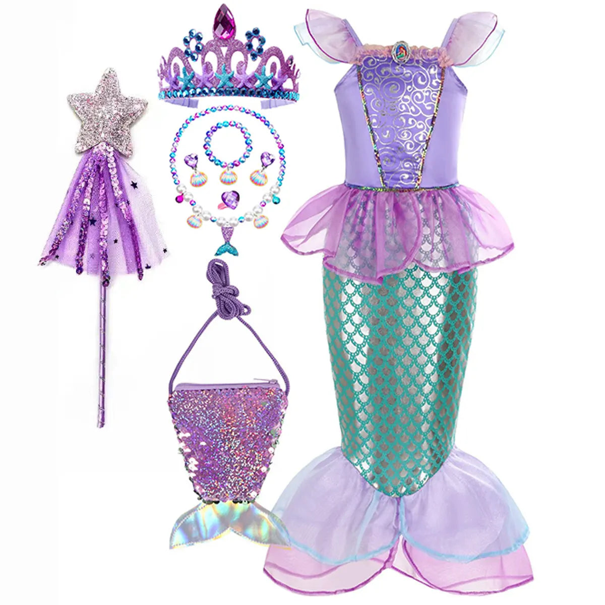 Halloween Little Mermaid Ariel Princess Costume Summer Purple Dress Girls Cosplay Mermaid Carnival Birthday Party Swimsuit Set