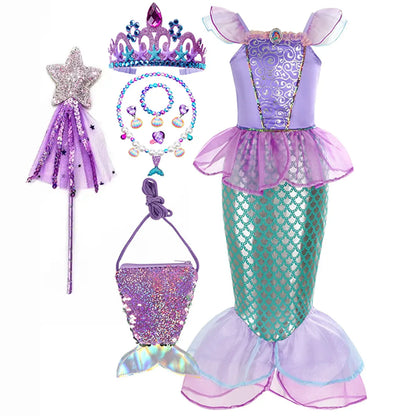 Halloween Little Mermaid Ariel Princess Costume Summer Purple Dress Girls Cosplay Mermaid Carnival Birthday Party Swimsuit Set