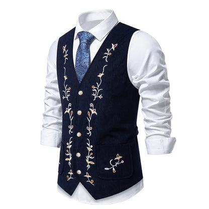 Suit Vest Man British Style Printed Single-breasted Male Waistcoat Slim V-neck Sleeveless Pocket Versatile Men Vest