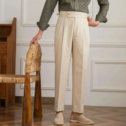 Linen Cotton High Waist Straight Casual Pants Men Versatile Naples Gentleman Pleated Pants High Quality Italian Dress Trousers