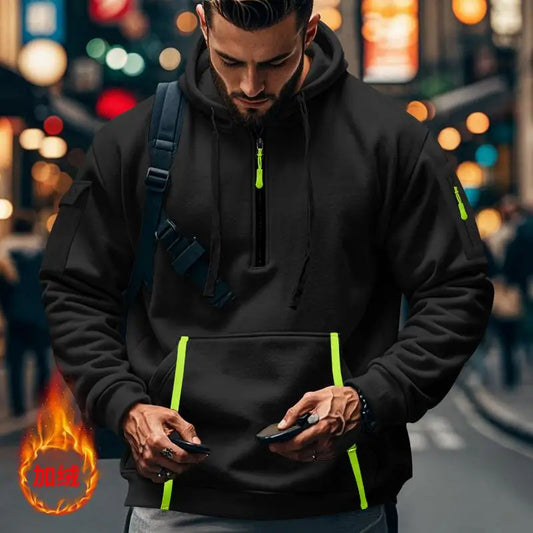 2025 new men's and women's multi pocket ribbon zipper wool hooded casual shirt loose pullover fashionable sports shirt top