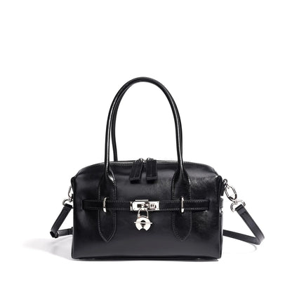2025 Fall Winter New Top Grain Leather Spacious Boston Bag Lock Design Single Shoulder Crossbody Pack Women Commuting Handbag