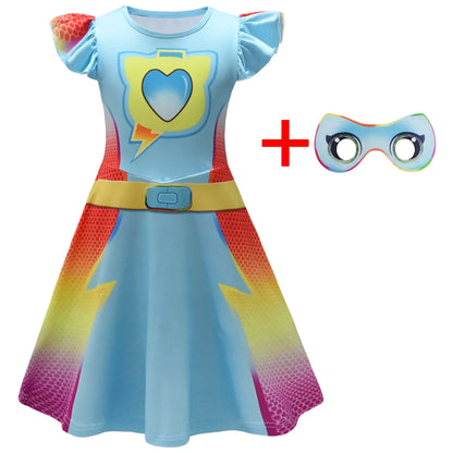 Children's SuperKitties Dresses Super Kitties Cosplay Costume Girls Flying Sleeves A-Line Dress Bag Mask Carnival Birthday Gift