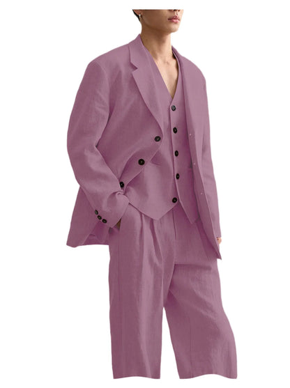 Men's Linen Suit Classic Notch Lapel 3 piece(Blazer+Vest+Pants)Breathable Wide Leg Trousers for Groom Spring Summer Party