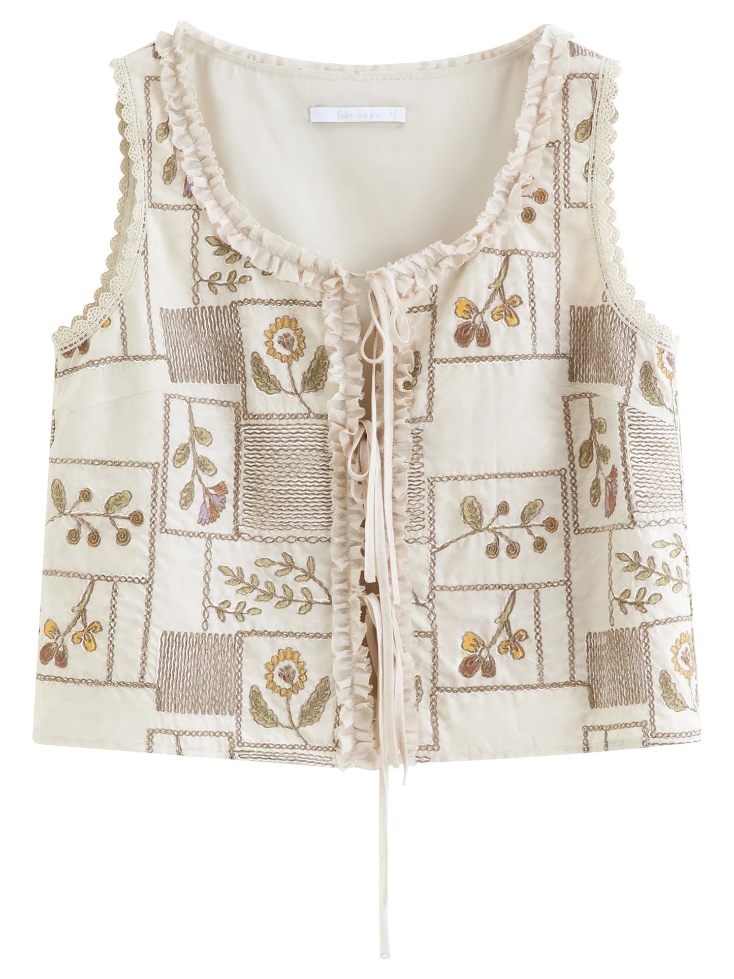 2026 Summer Women's Printed Embroidered Sleeveless Round Neck Top - Elegant Retro Commuter Blouse for Office