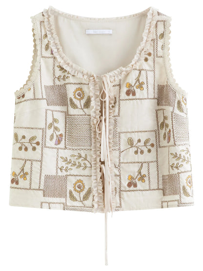 2026 Summer Women's Printed Embroidered Sleeveless Round Neck Top - Elegant Retro Commuter Blouse for Office