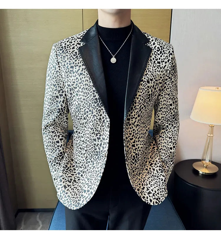 Splicing Leather Neck Casual Suit Jacket Fashion Leopard Men's Business Slim Fit Social Formal Blazers Wedding Groom Tuxedos