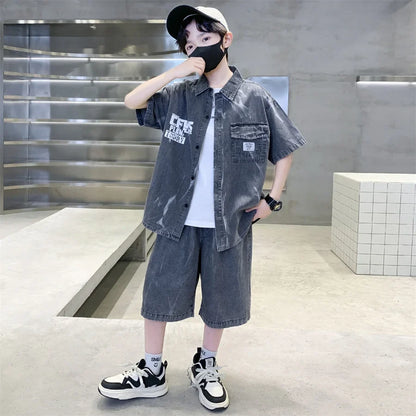 Cool Summer Set for Boys Denim Top and Bottom Set Kids Child Short Sleeve Shirt And Shorts 2 Pieces Outfits Suit Age 5-14 Years