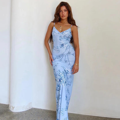 Floral Print Summer Green Dress Womens Fashion Casual Sleeveless V-neck Backless Tunics Bodycon Holiday Beach Dresses Streetwear