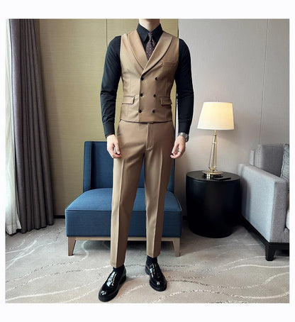 Men Luxury Double Breasted Design Solid Vest Formal Groom Wedding Dress Suit Vest Set Fashion Mens Club Singer Clothing 6XL-M