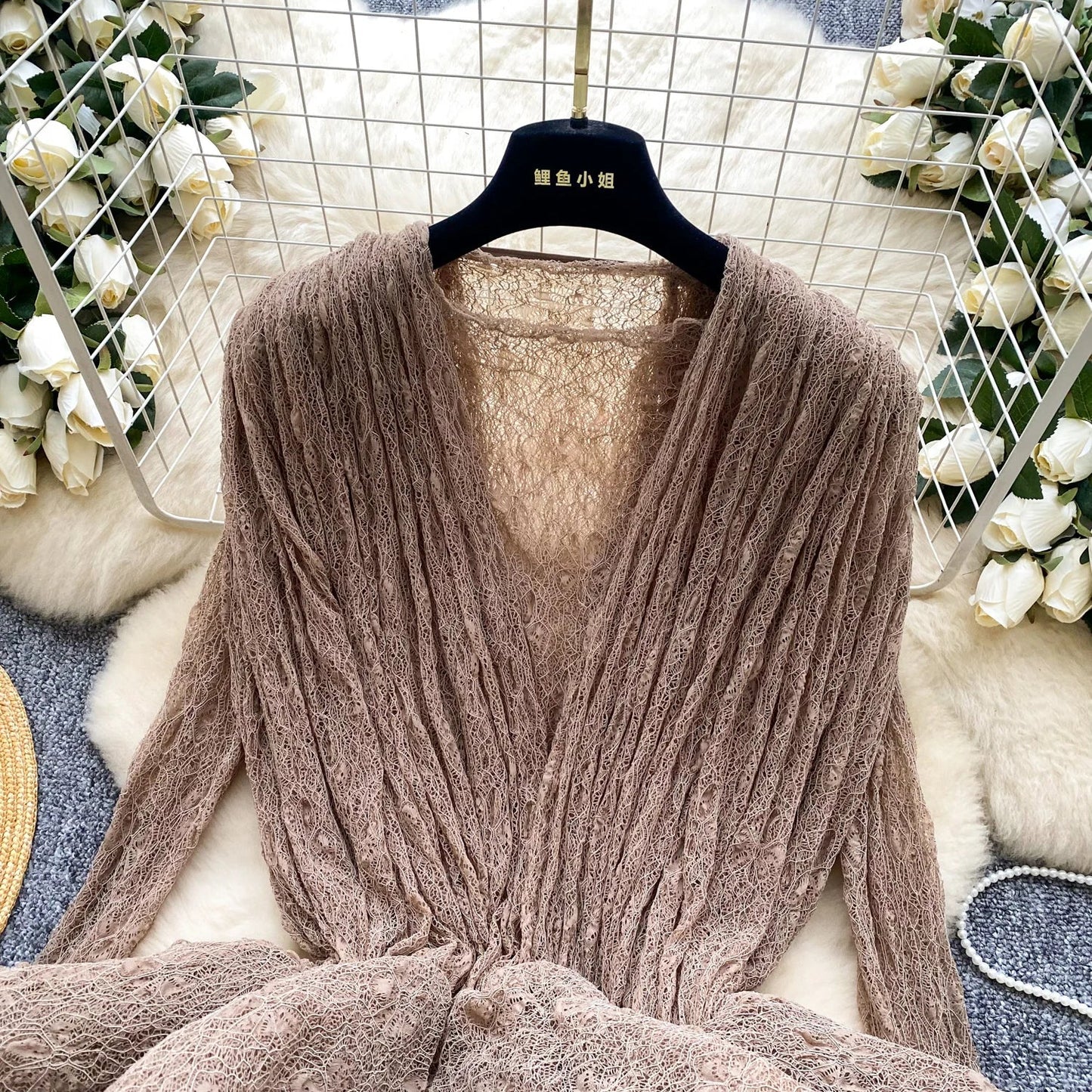 Autumn Streetwear Tops Suits Women O Neck Full Sleeves Thin Sheer Lace Shirts+Sleeveless Outerwear Ruffles Tank Top