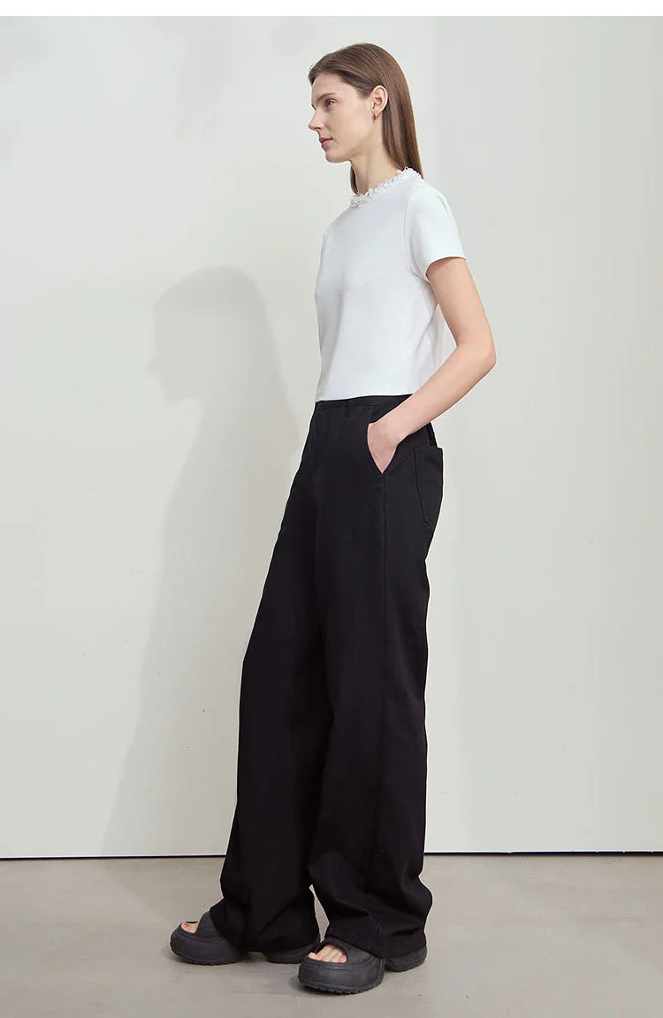 Women's Jeans Minimalist 2025 Summer New Style Solid Color Commuting Black Beige Wide Leg Cotton Denim Long Pants 12552012
