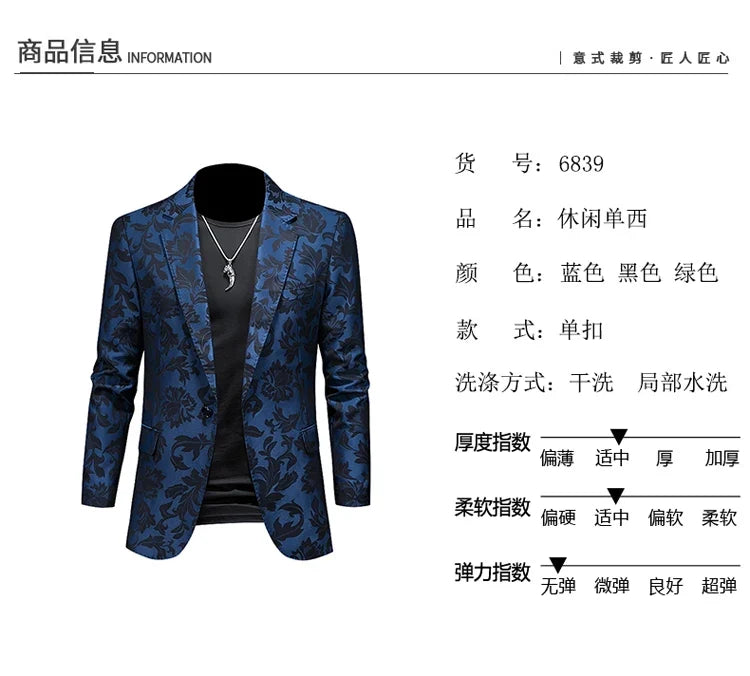 British Style Luxury Jacquard Blazers Men Clothing 2022 Business Slim Fit Casual Suit Coat Men Groom Wedding Suit Printed Blazer