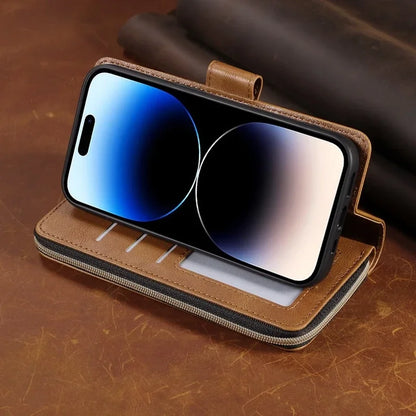Double Layer Zipper Wallet Case with 9 Card Slots for iPhone 16 16E Pro Max 15 14 Plus13 12 Pro Max PU Leather Flip Cover