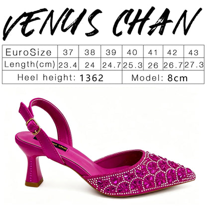 2026 New INS Italian Design Fuchsia Rhinestone Pointed Toe High Heels with Matching Handbag Set Elegant Wedding and Party Shoe