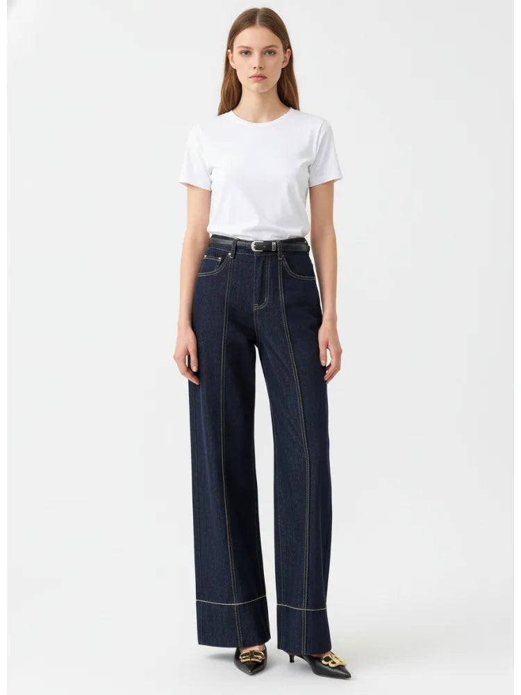 2026 Summer Women's Trendy Wide Leg Jeans Dark Blue High Waist Center Pleated Denim Pants with Contrast Stitching