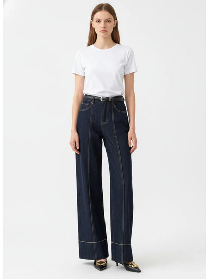 2026 Summer Women's Trendy Wide Leg Jeans Dark Blue High Waist Center Pleated Denim Pants with Contrast Stitching