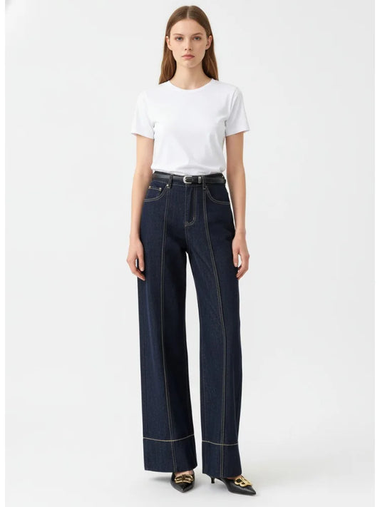 2026 Summer Women's Trendy Wide Leg Jeans Dark Blue High Waist Center Pleated Denim Pants with Contrast Stitching