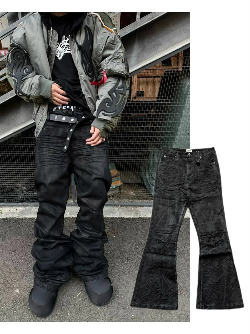 High street coated micro-flare jeans American retro heavy industry men and women black gothic retro casual loose jeans