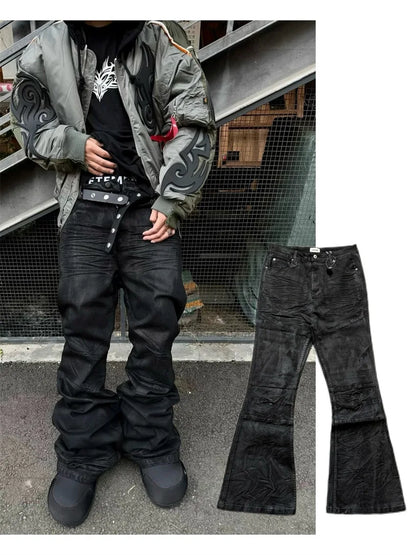 High street coated micro-flare jeans American retro heavy industry men and women black gothic retro casual loose jeans