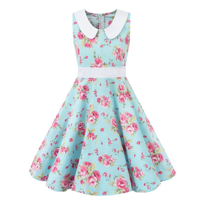 LPATTERN Girls' Vintage Rockabilly Dress Party Retro Polka Dot Floral Pattern A-line Dresses Pleated Skirt Knee-Length for 4-10Y