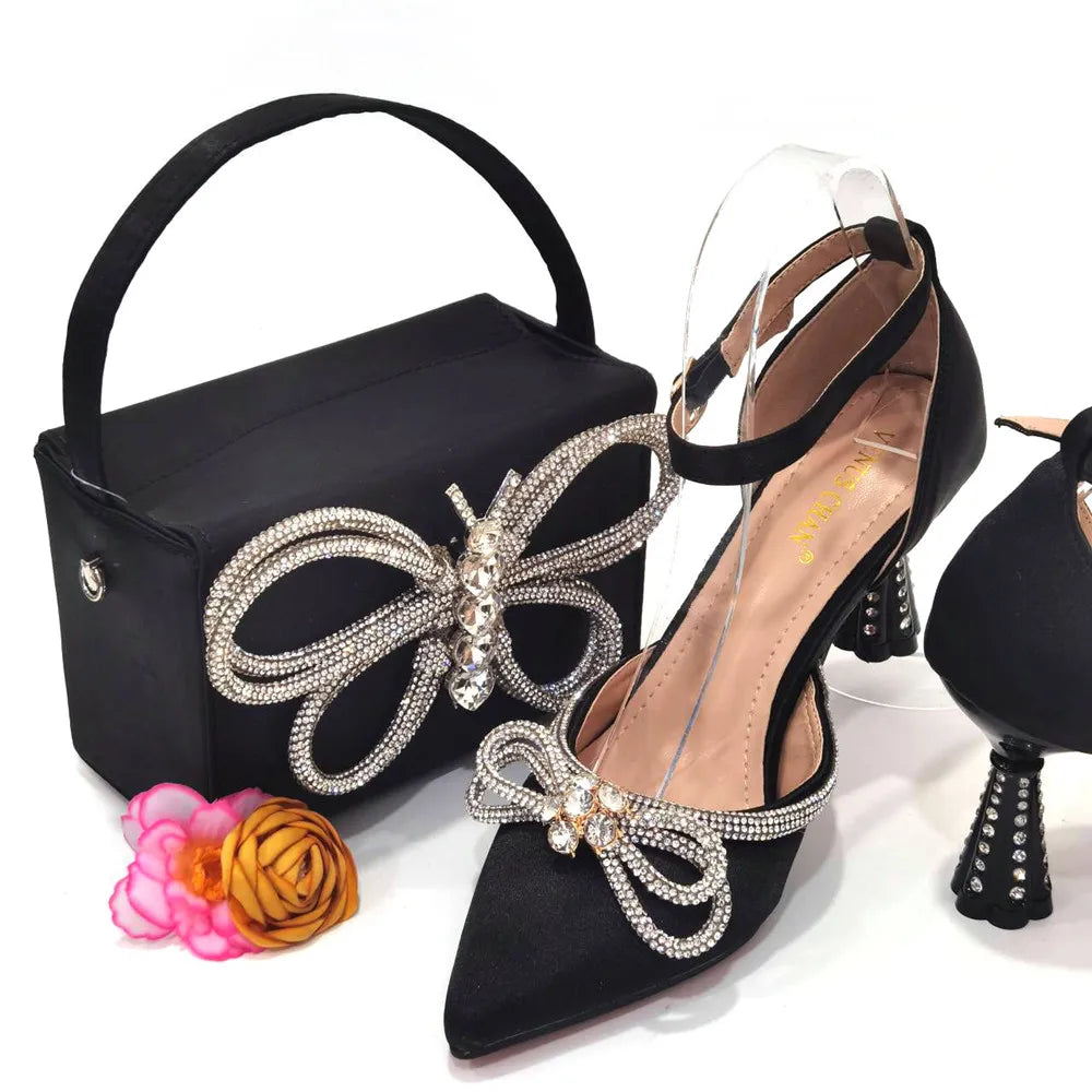 2023 Ladies Pointed-Toe Party High Heels Magenta Colour Bow Rhinestone Stereo Bag Evening  African Wedding Shoe And Bag Set