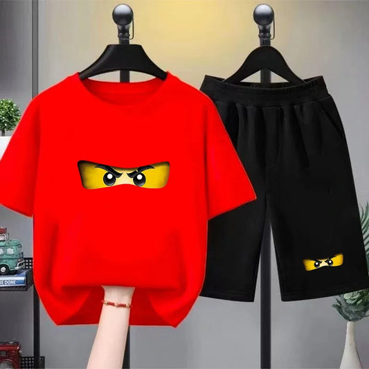 Summer T-Shirt Boy Girls Red Casual TShirt+Shorts Sets Ninja Printed Kids Outfits Teen Children's Short Sleeve Tops
