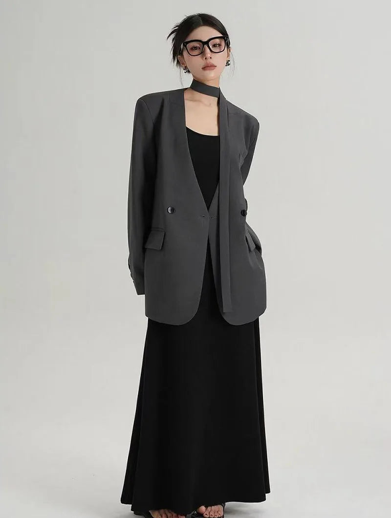 Fashion Collarless Blazers Jacket Ladies Korean Streetwear Design Belt Temperament Blazer Woman Chic Long Sleeve Loose Suit Coat
